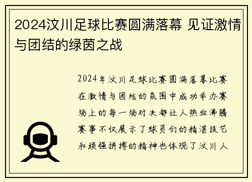 2024汶川足球比赛圆满落幕 见证激情与团结的绿茵之战