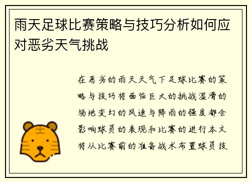 雨天足球比赛策略与技巧分析如何应对恶劣天气挑战