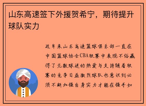 山东高速签下外援贺希宁，期待提升球队实力