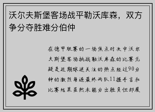 沃尔夫斯堡客场战平勒沃库森，双方争分夺胜难分伯仲