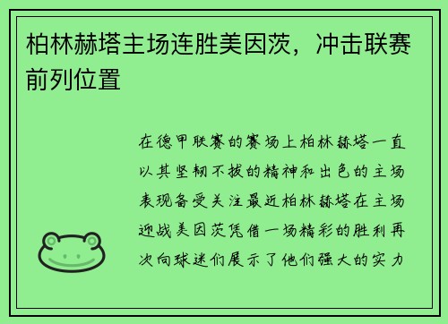 柏林赫塔主场连胜美因茨，冲击联赛前列位置