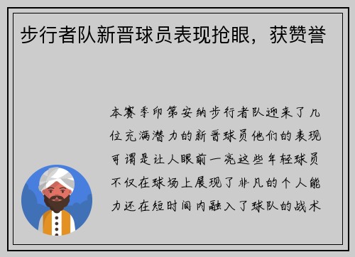步行者队新晋球员表现抢眼，获赞誉