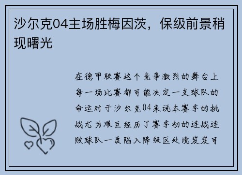 沙尔克04主场胜梅因茨，保级前景稍现曙光