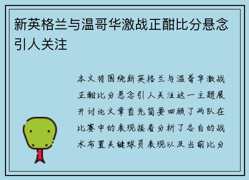 新英格兰与温哥华激战正酣比分悬念引人关注