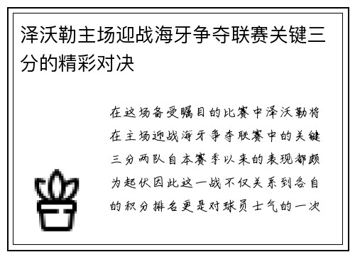 泽沃勒主场迎战海牙争夺联赛关键三分的精彩对决