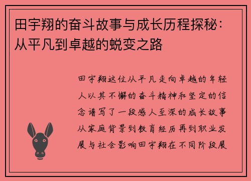 田宇翔的奋斗故事与成长历程探秘：从平凡到卓越的蜕变之路