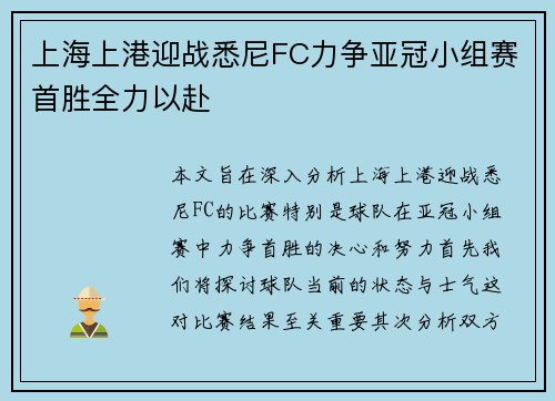 上海上港迎战悉尼FC力争亚冠小组赛首胜全力以赴