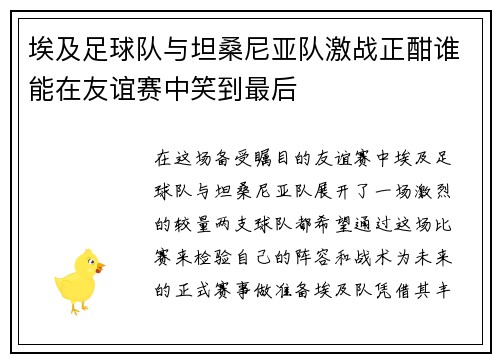 埃及足球队与坦桑尼亚队激战正酣谁能在友谊赛中笑到最后