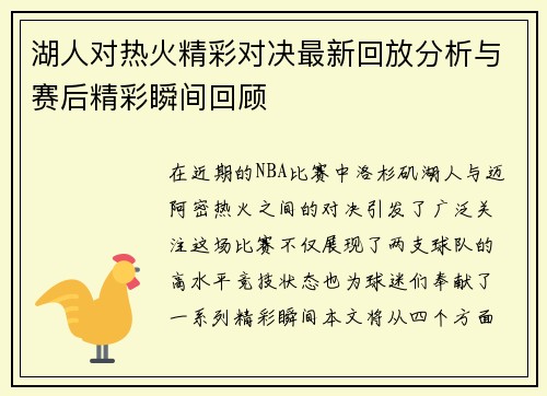 湖人对热火精彩对决最新回放分析与赛后精彩瞬间回顾