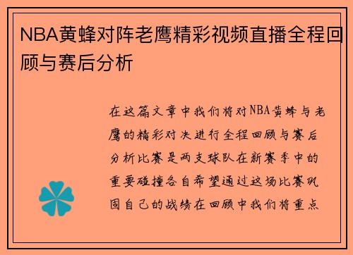 NBA黄蜂对阵老鹰精彩视频直播全程回顾与赛后分析