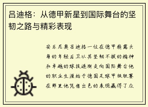 吕迪格：从德甲新星到国际舞台的坚韧之路与精彩表现