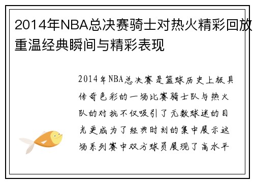2014年NBA总决赛骑士对热火精彩回放重温经典瞬间与精彩表现