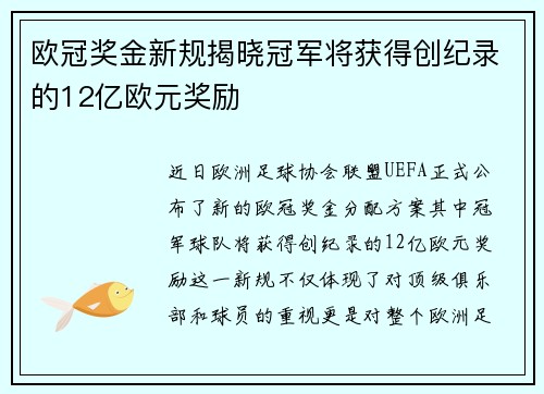 欧冠奖金新规揭晓冠军将获得创纪录的12亿欧元奖励