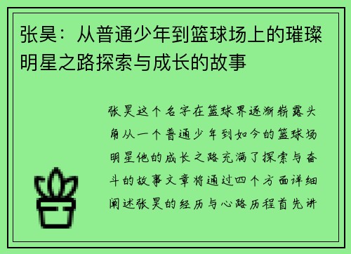 张昊：从普通少年到篮球场上的璀璨明星之路探索与成长的故事