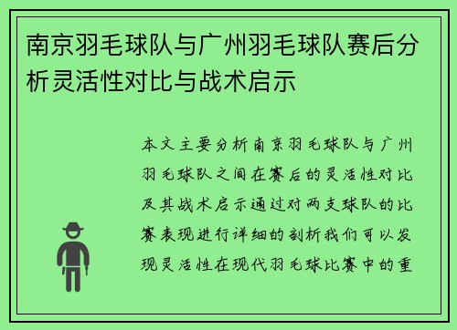 南京羽毛球队与广州羽毛球队赛后分析灵活性对比与战术启示