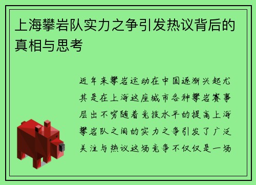 上海攀岩队实力之争引发热议背后的真相与思考
